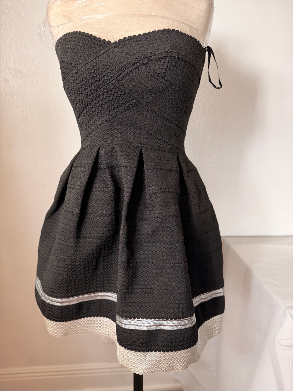Sans Souci Black Strapless Fit-and-Flare Dress with Cream & Silver Trim